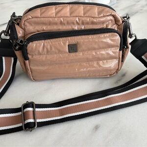 Quilted Nude/Tan Crossbody Bag with Stripe Webbing Strap